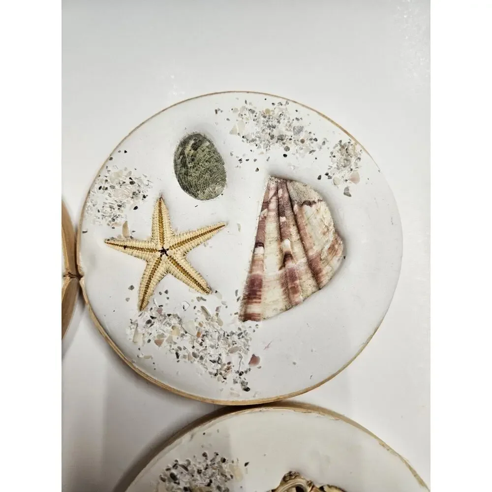 4 Beach Coasters Coastal Decor Seashells Sand Sea Glass 4.25” Round Cork Back